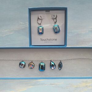 Touchstone Crystal Iridescent Blue Multi-Shape Pendant Necklace with Earrings